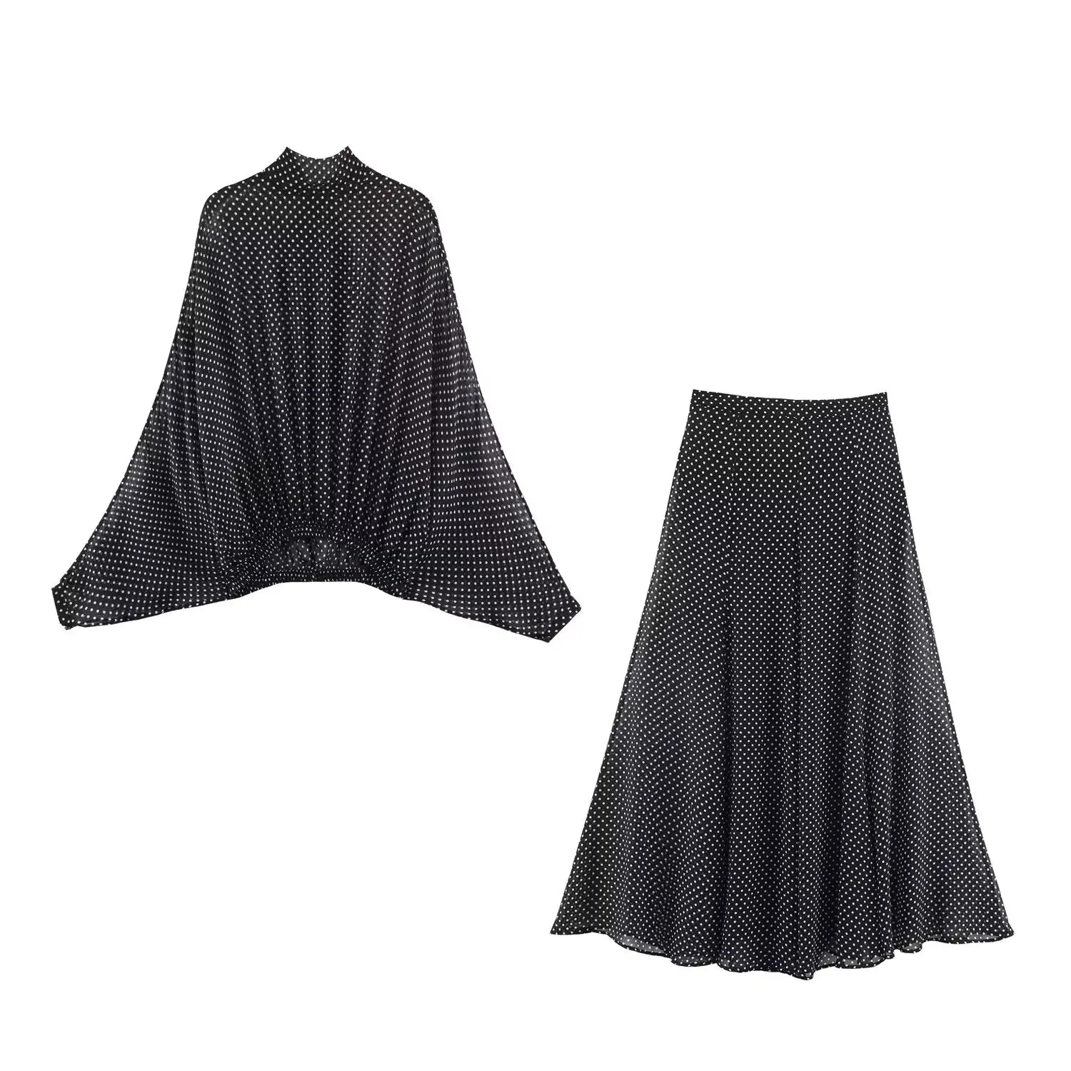 Ensemble 2 Pièces Vintage à Pois — Blouse & Jupe Longue