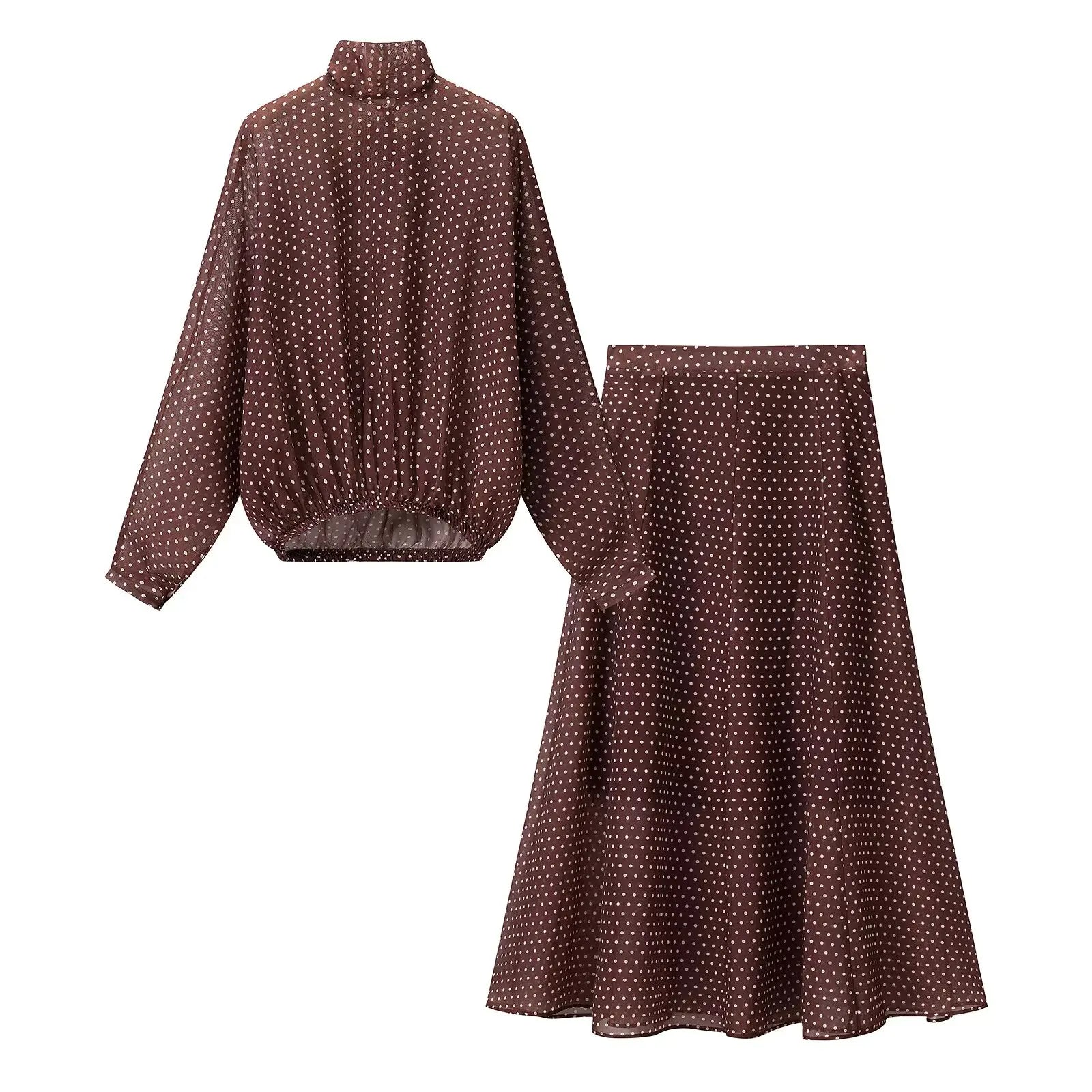 Ensemble 2 Pièces Vintage à Pois — Blouse & Jupe Longue